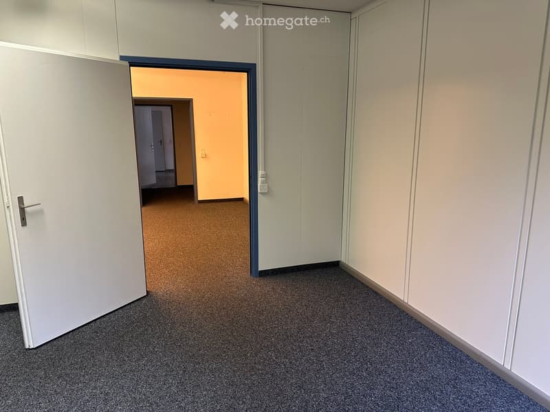 Empty hallway with white walls, carpeted floor, and multiple doors leading to other rooms.
