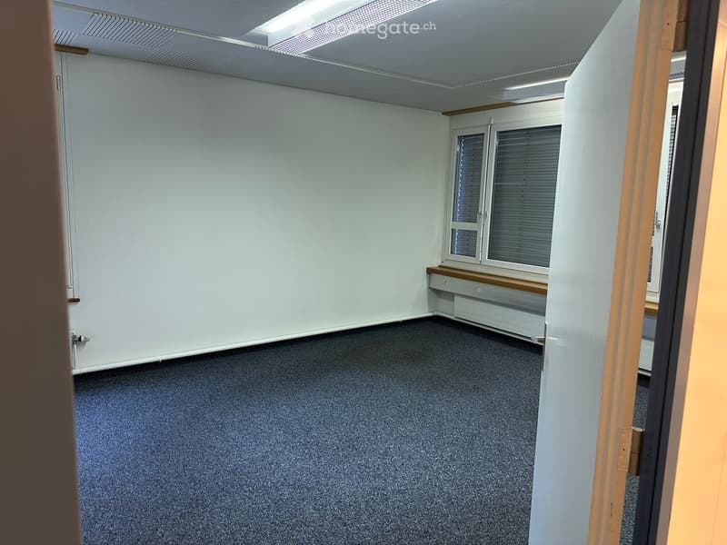 Empty room with grey carpet, white walls, and a window with blinds. No furniture or equipment present.