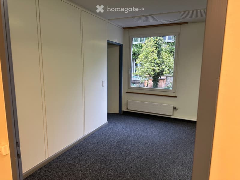 Empty room with light-colored walls, carpeted floor, a window with a view of greenery, and a radiator below the window.