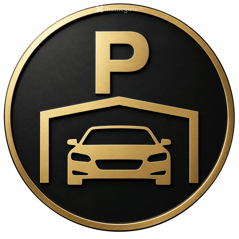 A parking place icon featuring a stylized car within a garage symbol, set against a black background with a gold border.