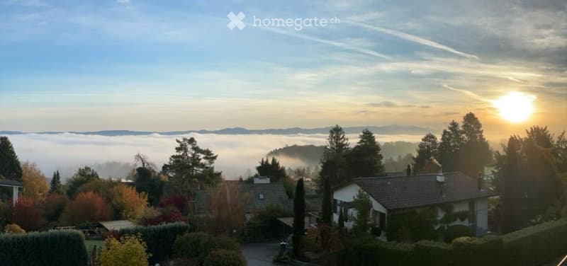A serene view of a suburban neighborhood at sunrise, with houses nestled among trees and a misty valley in the background.