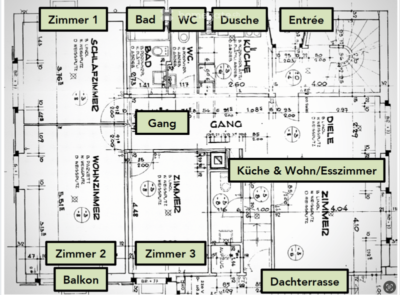 Floor plan showing multiple rooms including kitchen and living/dining area, three bedrooms, bathroom, WC, shower, entrance, hallway, balcony, and roof terrace.