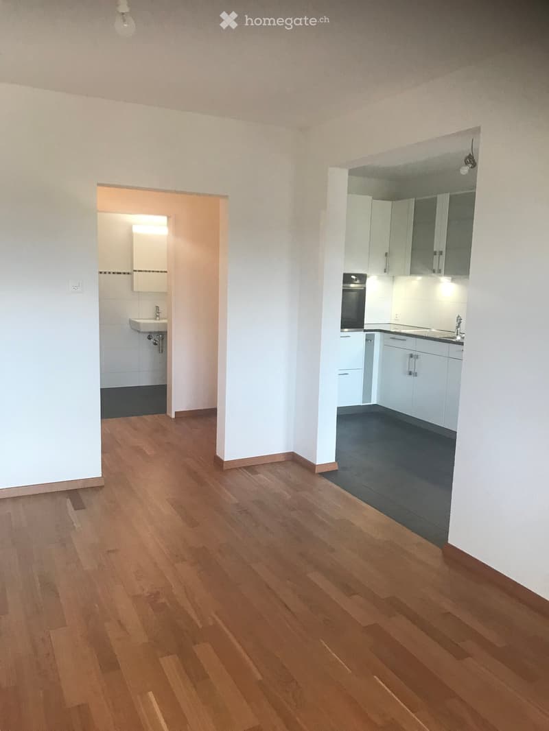 empty room with wooden floors, white walls, sink, oven