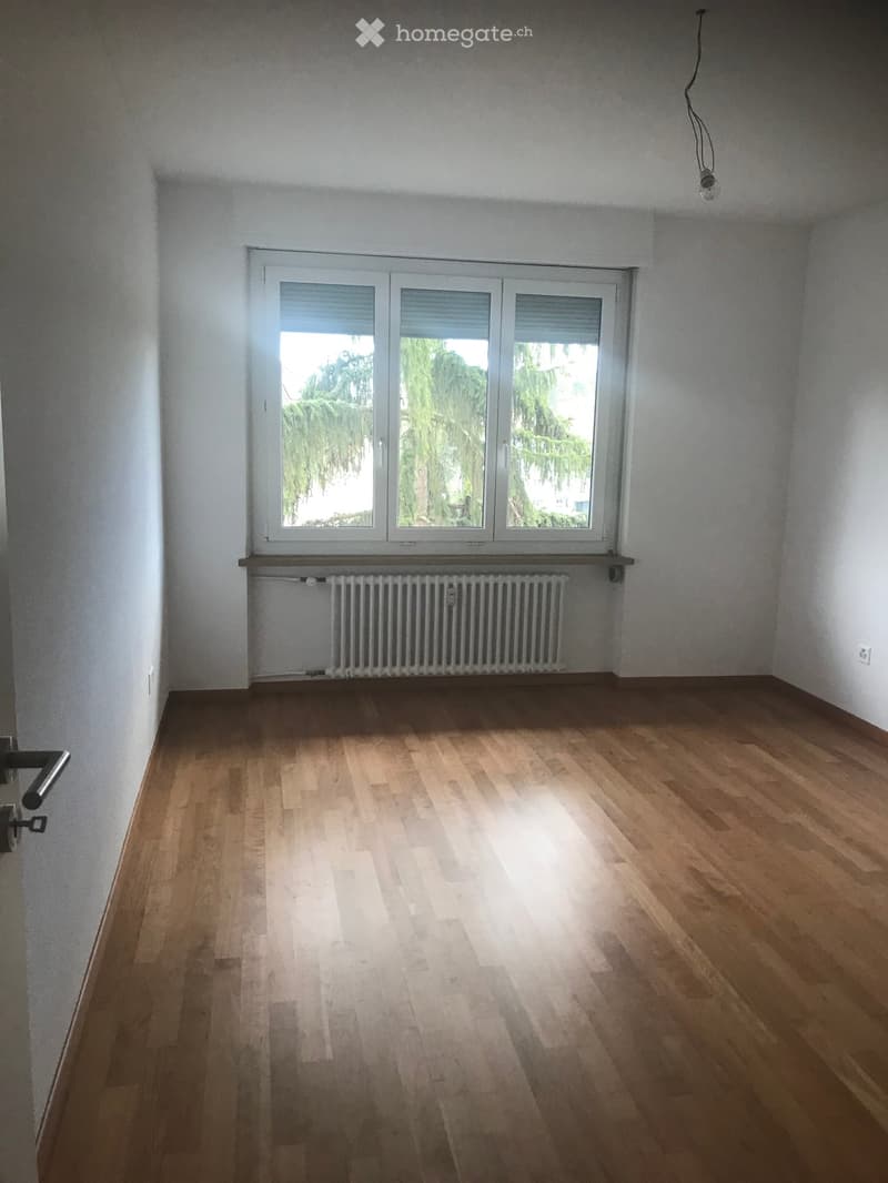 empty room with wooden floor, windows with shutters, white walls, radiator, door