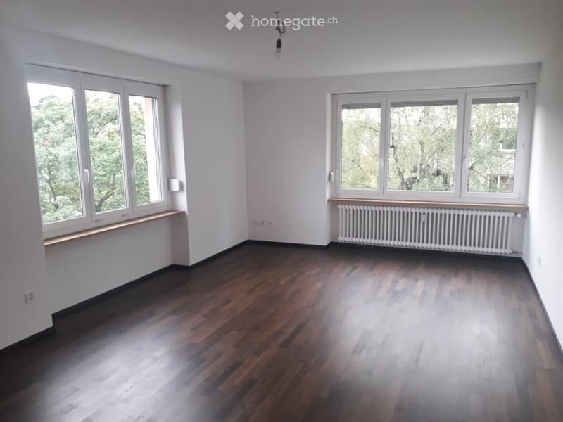 Empty room with wooden flooring, white walls, large windows, radiator, and a hanging light fixture.
