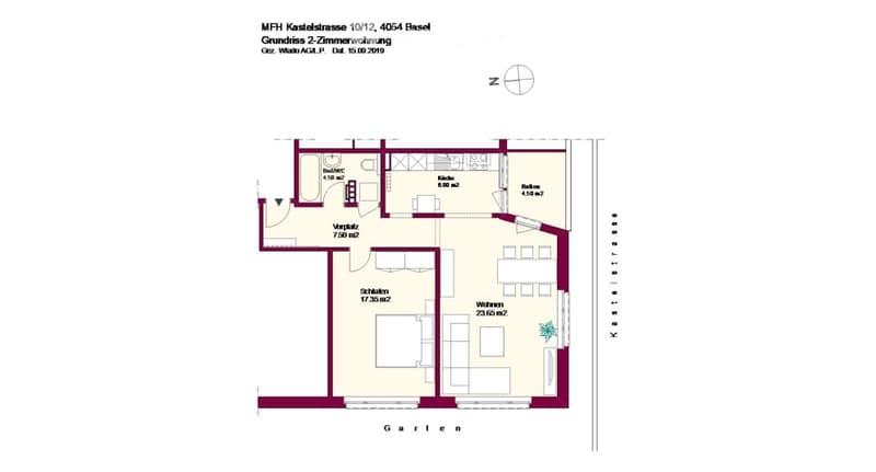 Floor plan of a 2-room apartment with a living room, bedroom, kitchen, bathroom, and balcony.