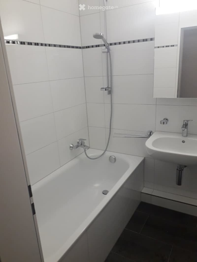 Modern bathroom with white tiled walls, a bathtub, a sink with a mirror, and a showerhead.