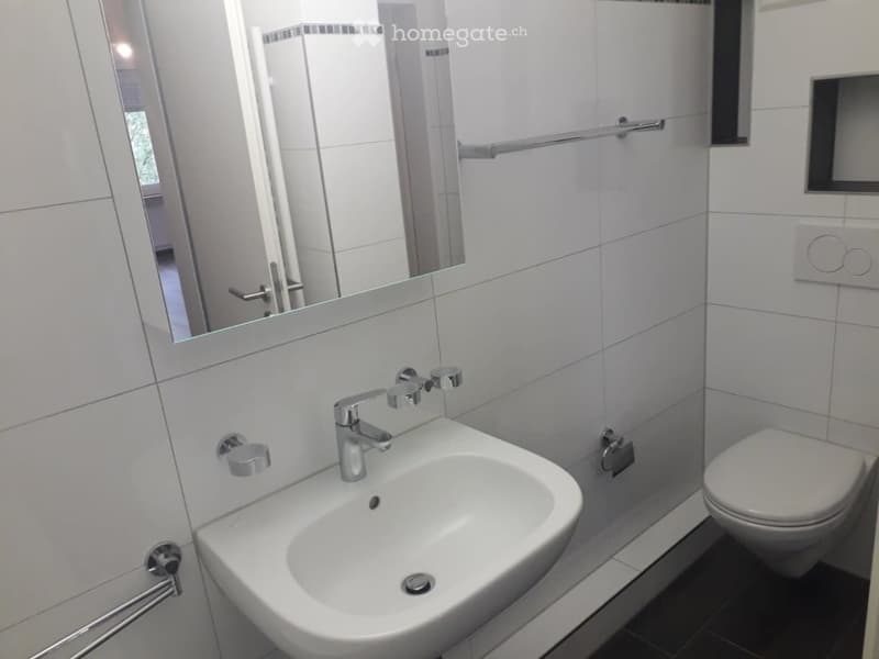 Modern bathroom with white tiles, a sink with a chrome faucet, a large mirror, and a toilet. The walls are tiled in white with a decorative border, and there is a towel rack visible.