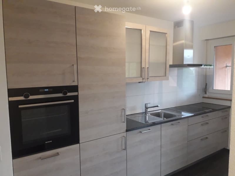 Modern kitchen with light wood cabinets, stainless steel sink, and built-in oven.