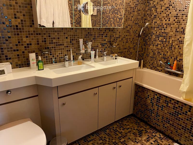 Modern bathroom with mosaic tile walls, a built-in sink, a mirror, and a shower area with a handheld showerhead and hose. Personal care items are visible on the sink counter.