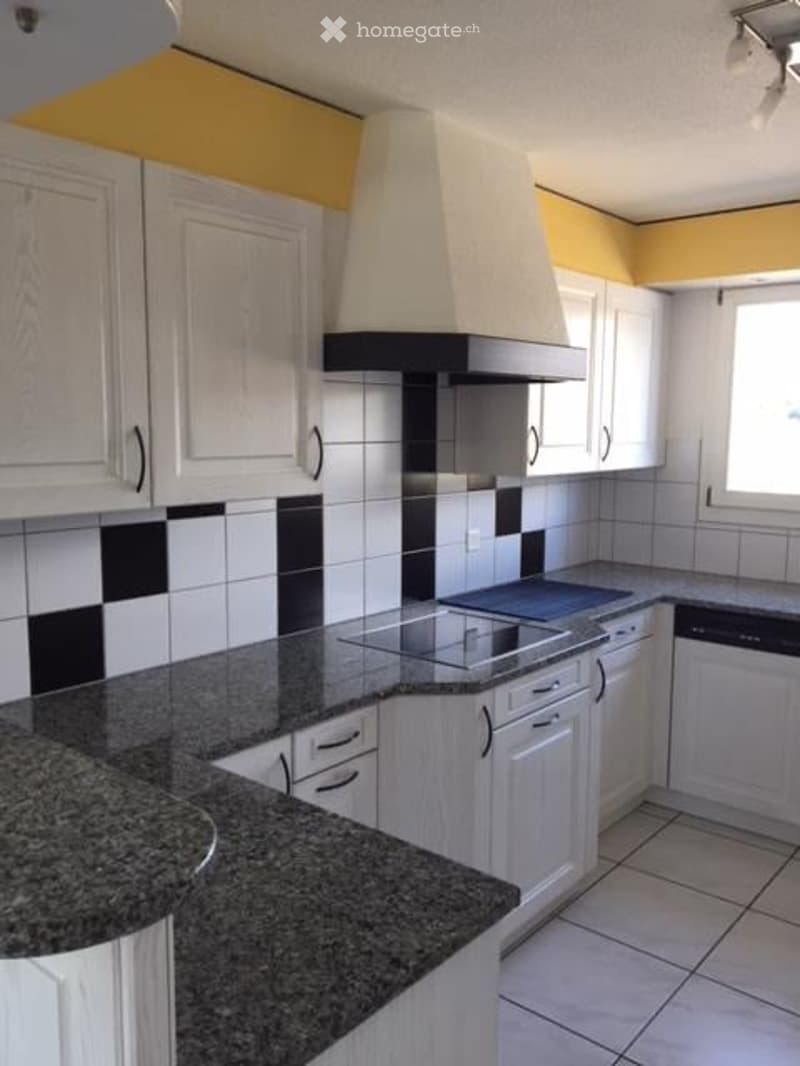 Modern kitchen with white cabinets, granite countertops, induction stove, dishwasher, and a range hood. The walls are painted in a two-tone design with yellow upper and black and white tiled lower sections.