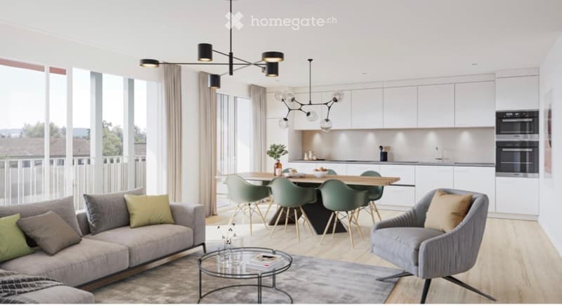 Modern open-plan living and dining area with large windows offering a view, featuring a grey sofa, coffee table, armchair, dining table with chairs, and a sleek kitchen with cabinets and appliances.