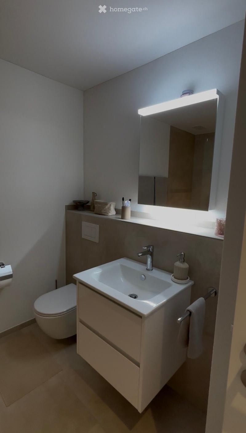 Modern bathroom with a white sink, mirror with built-in lighting, toilet, and various toiletries on the counter.