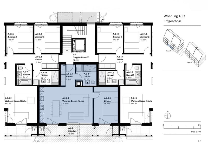 Floor plan of a ground floor showing multiple rooms including kitchens, bathrooms, bedrooms, and entrances. Layout includes labeled areas such as 'Wohnen-Essen-Küche' (living-dining-kitchen), 'Zimmer' (rooms), and 'Bad-WC' (bathroom with toilet).