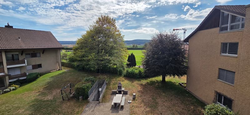 A peaceful garden area with a barbecue, picnic table, benches, and surrounding greenery, with neighboring houses and a scenic countryside view in the background.