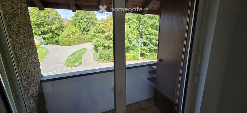 Balcony with wooden floor, large window view of a green, tree-lined street and pathway.