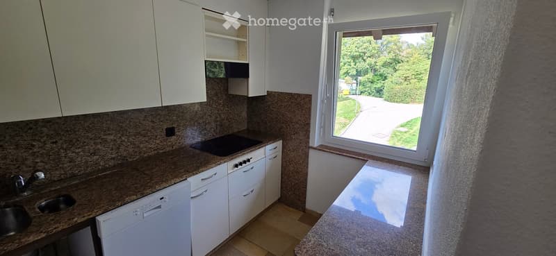 Modern kitchen with white cabinets, granite countertops, a sink, dishwasher, and an electric stove. Large window offers a view of the garden.