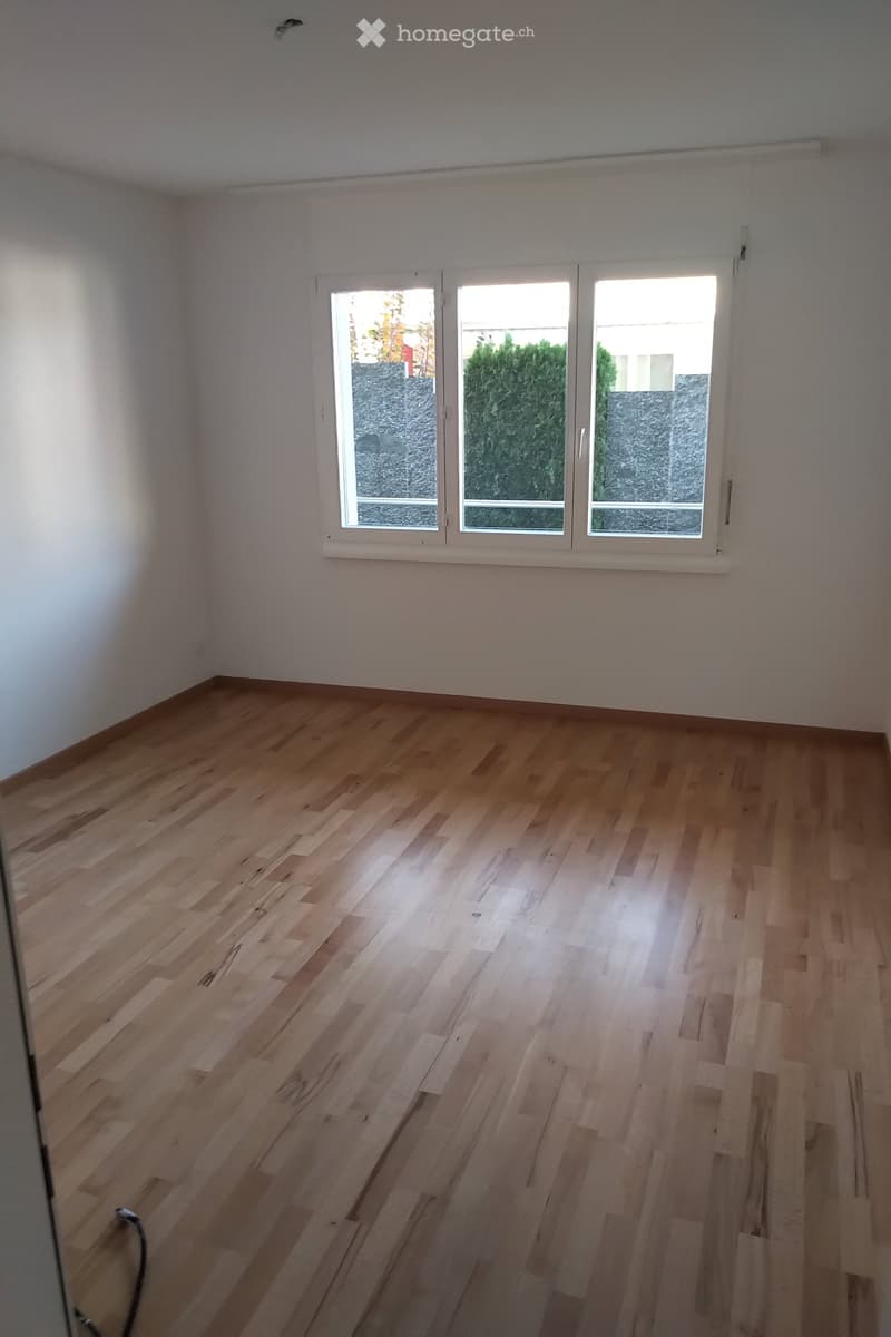 Empty room with light wooden flooring and white walls, featuring a large window with white frames and a view of greenery outside.