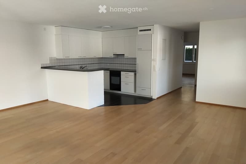 Empty kitchen with white cabinets, black countertops, and wooden flooring. No appliances or furniture are present.
