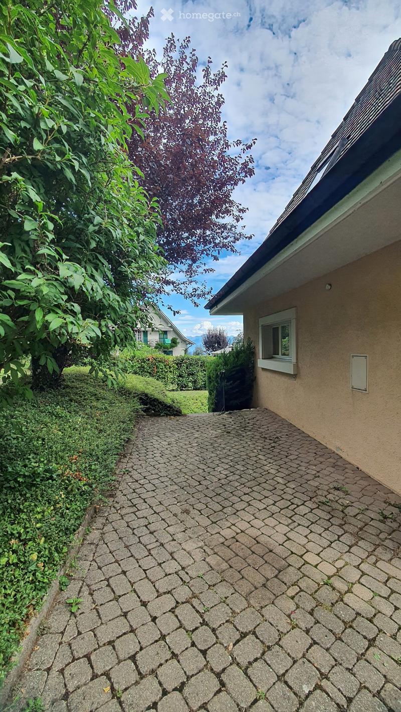 A paved pathway leads to a house with a visible window and roofline, surrounded by greenery and trees.