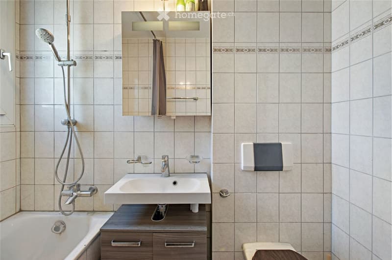 Modern bathroom with a white sink, bathtub, shower, mirror, and wooden cabinet.
