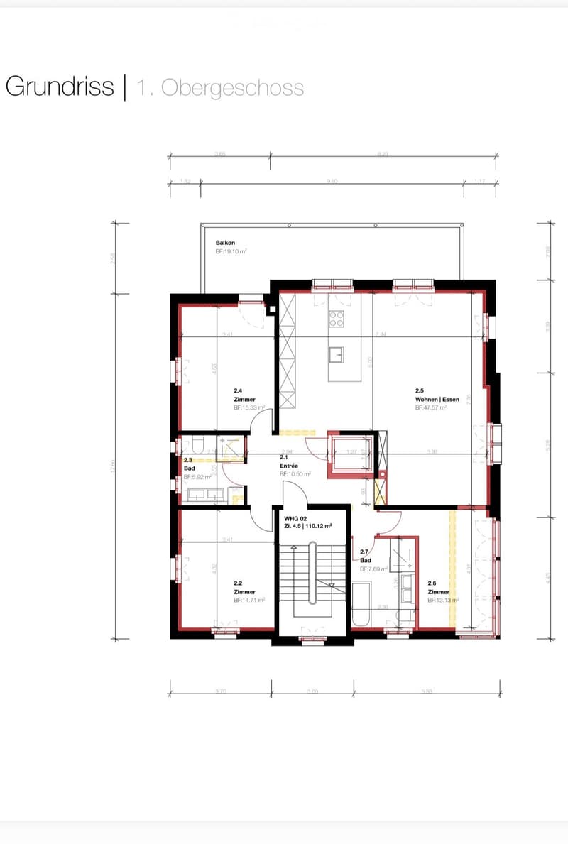 Floor plan of the first upper floor showing a balcony, living/dining area, bedrooms, bathrooms, and a hallway.