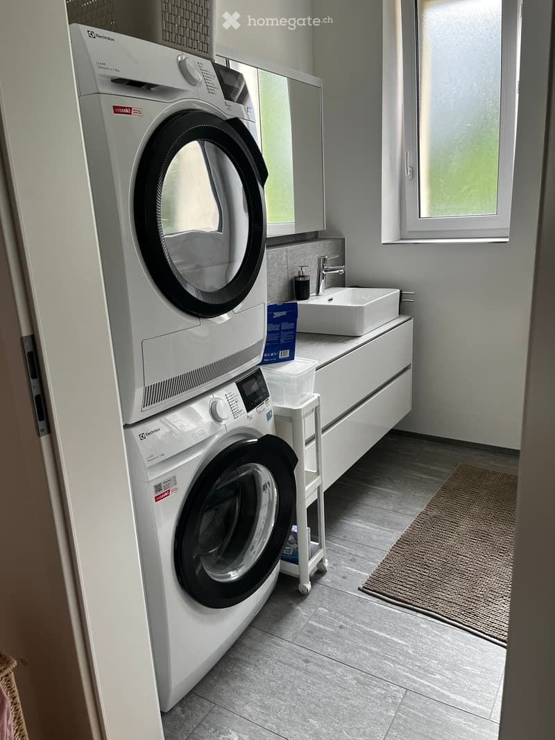 Modern bathroom with a washing machine and dishwasher stacked vertically, a white sink with a modern faucet, a small white stool holding a container and a bottle, and a woven rug on the floor.