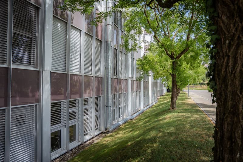 Modern building with a sleek, contemporary design featuring large windows and metallic accents, surrounded by a well-maintained lawn and trees.