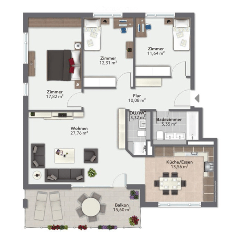 Floor plan of a modern apartment with living room, kitchen, three bedrooms, bathroom, and balcony.