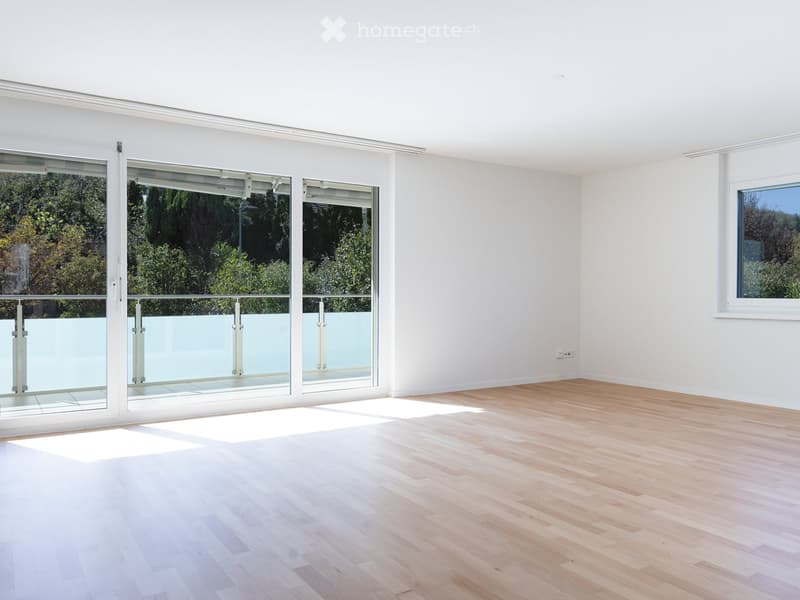 Empty room with light wooden flooring, white walls, large sliding glass doors leading to a balcony, and a window on the right side.