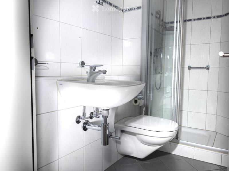 Modern bathroom with white tiles, a white sink with a chrome faucet, a toilet, and a glass-enclosed shower area.