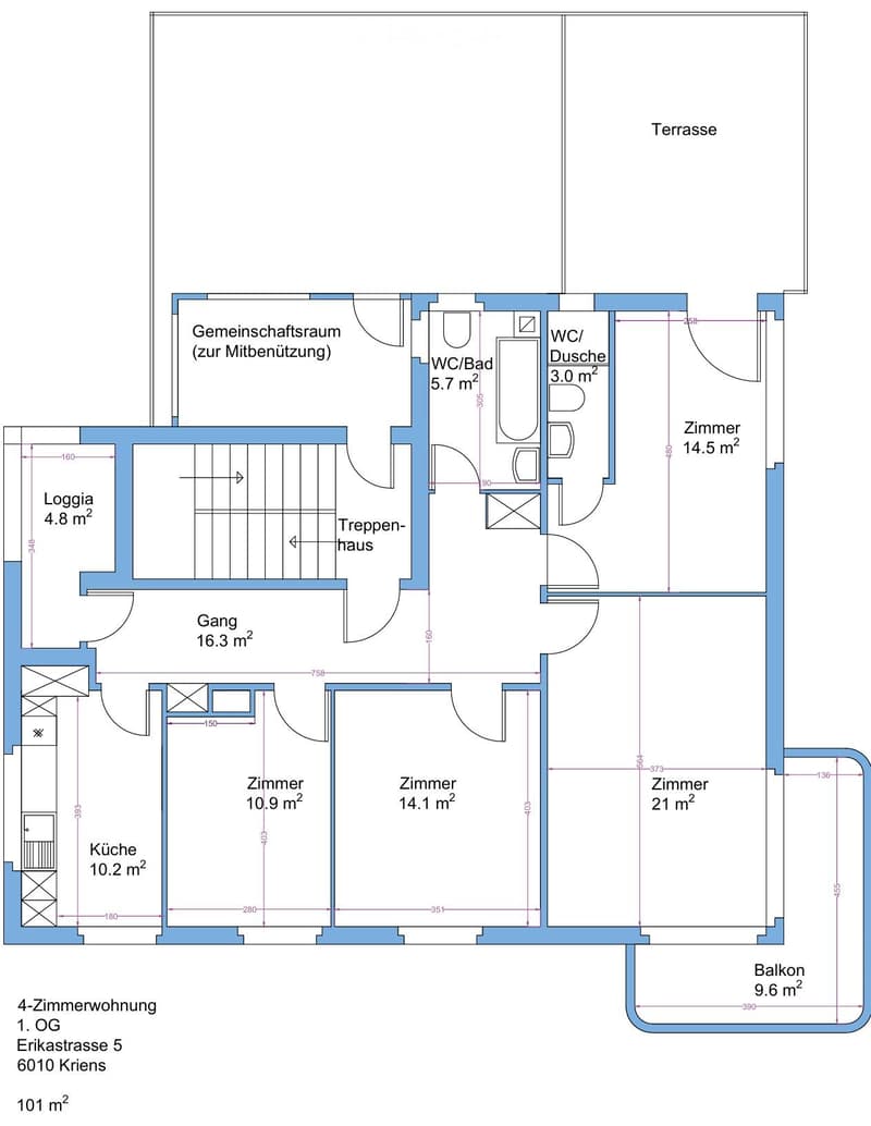Floor plan of a 4-room apartment on the first floor, including a kitchen, four bedrooms, a shared bathroom, a WC/shower, a hallway, a staircase, a loggia, and a balcony.
