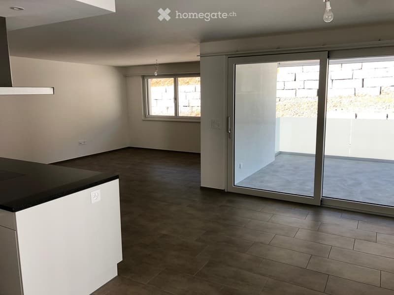 Empty room with wooden flooring, white walls, and large sliding glass doors leading to an outdoor area. A small kitchen counter is visible on the left side.