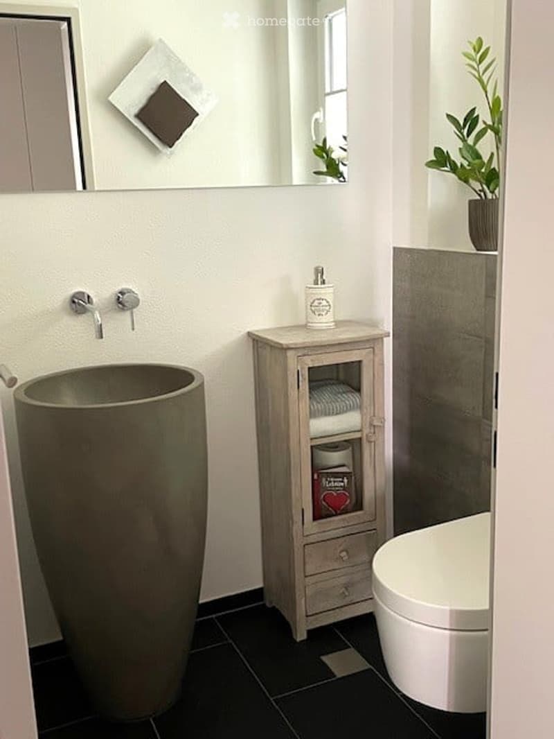 Modern bathroom with a large, cylindrical sink, a wooden cabinet with towels, a toilet, and a decorative plant on the windowsill.