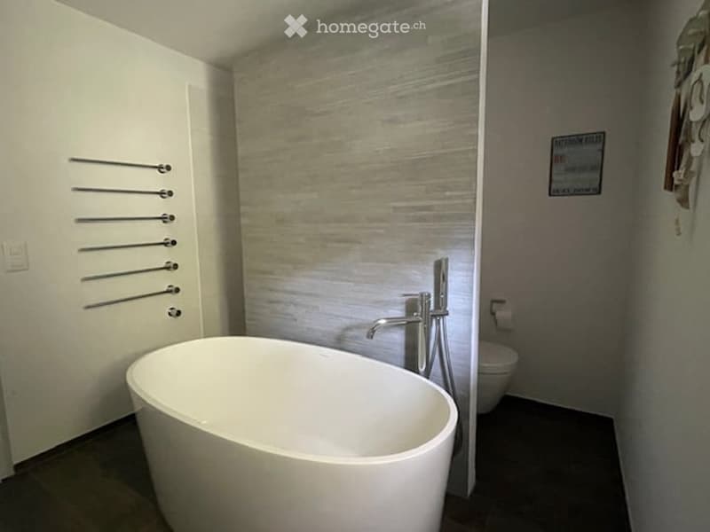 Modern bathroom with a freestanding oval bathtub, sleek faucet, toilet, and towel rack on the wall.