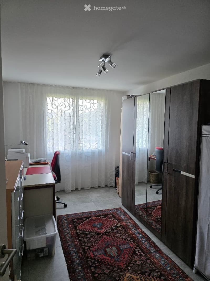 A furnished room with a desk, chair, wardrobe, mirror, lamp, and a patterned rug on the floor.