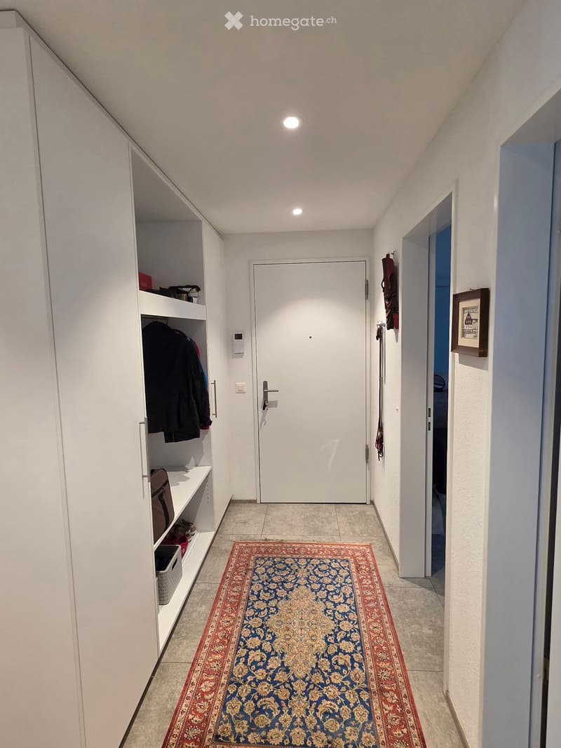 A narrow hallway with white walls, tiled floor, and a patterned rug. Features built-in white shelving unit with coats and bags, a closed white door, and a framed picture on the wall.