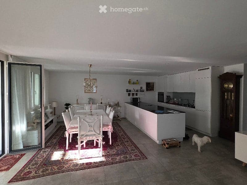 Open-plan living and dining area with a dining table and chairs, a kitchen island, and modern kitchen cabinets. A chandelier hangs from the ceiling, and a dog is visible near the kitchen area.