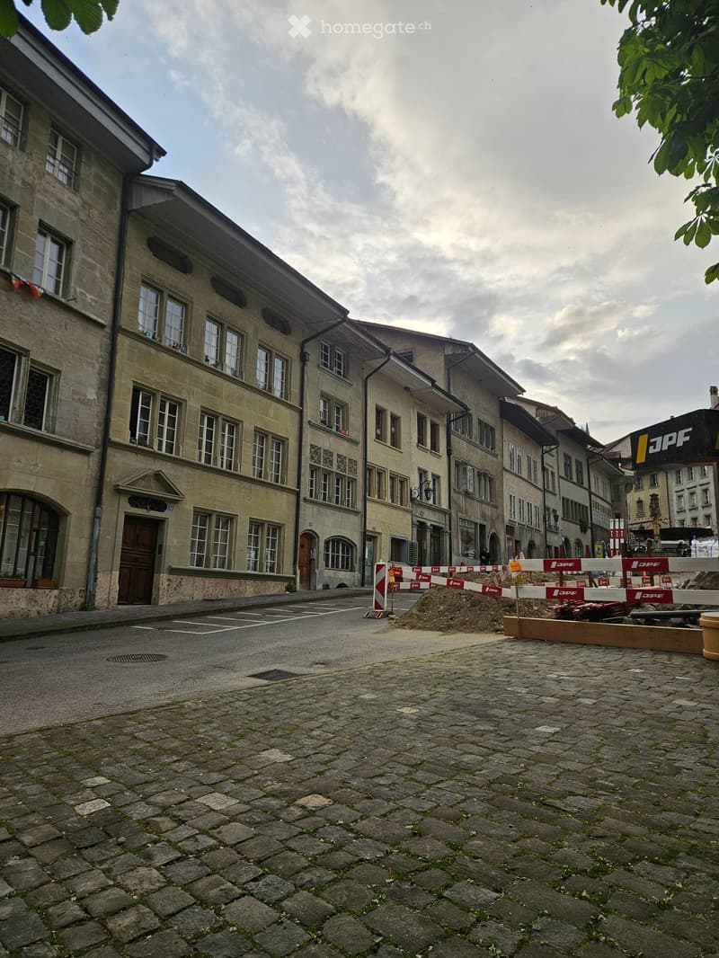 A row of historic multi-story buildings with large windows and stone facades line a cobblestone street, with construction barriers and signage visible.