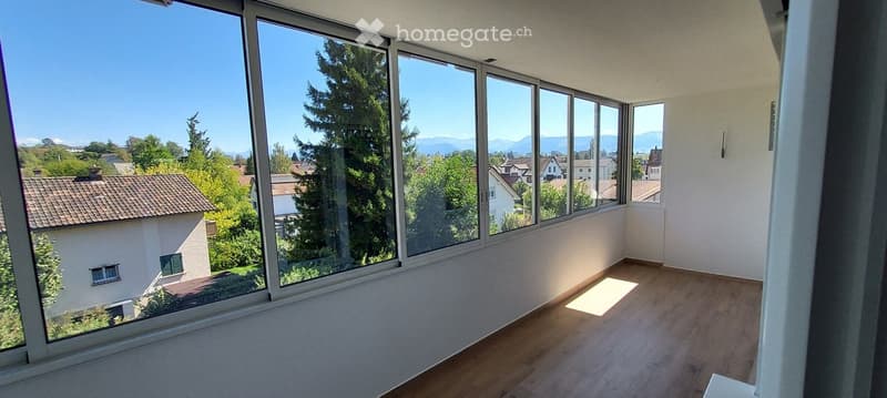 Empty room with large windows offering a scenic view of trees, houses, and mountains. Wooden flooring and white walls.