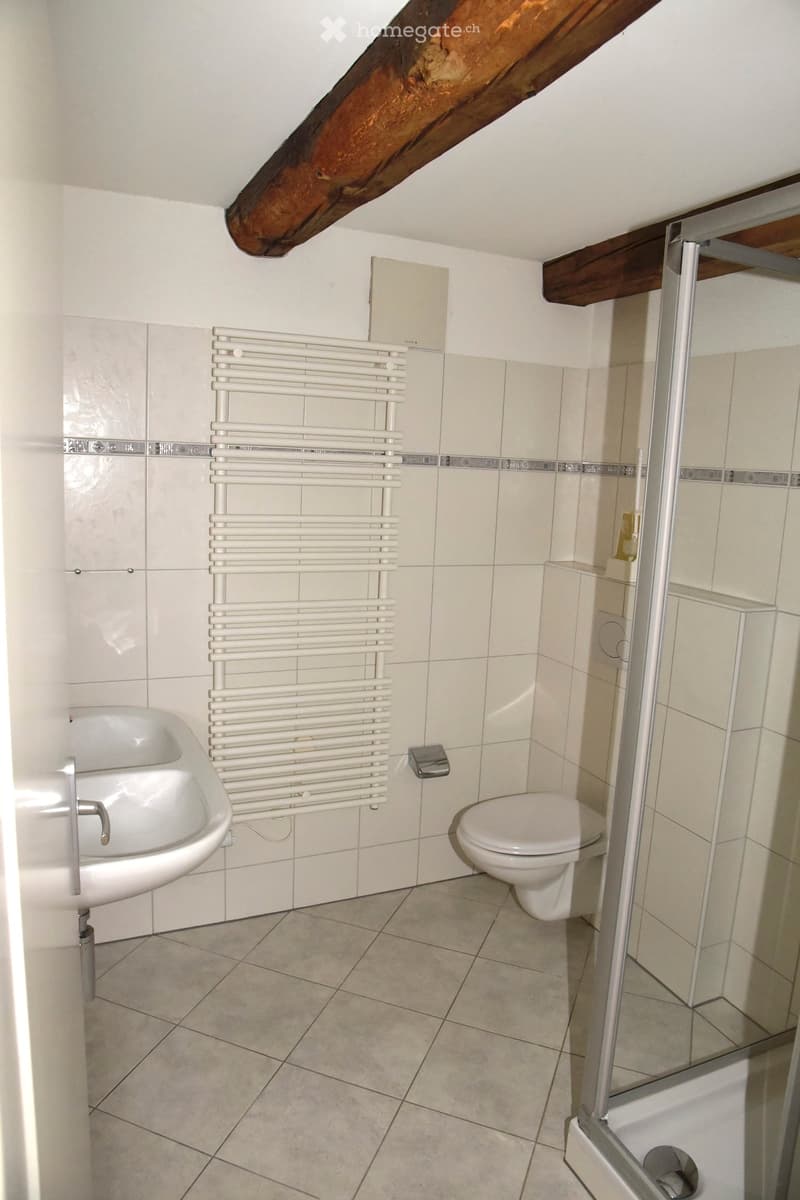 Bathroom with a white radiator, sink, toilet, and a glass-enclosed shower area. The walls are tiled, and the floor is tiled as well.