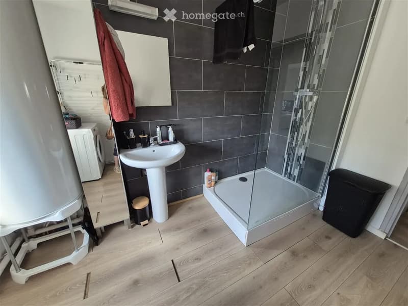 Modern bathroom with dark grey tiles, white sink, glass-enclosed shower, washing machine, and wooden flooring.