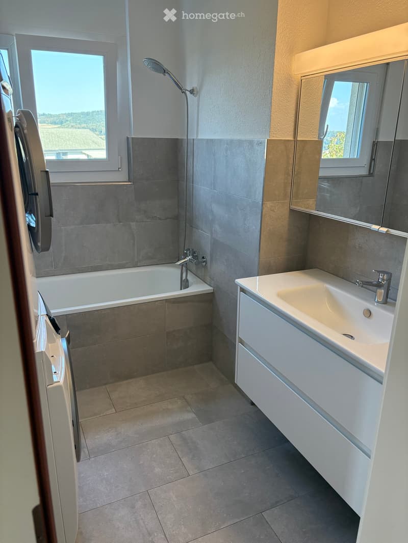 Modern bathroom with a bathtub, sink, and showerhead. Features include a large mirror, tiled walls, and a window with a scenic view.