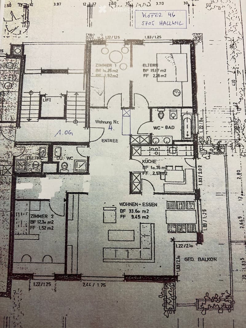 Floor plan of a residential unit showing multiple rooms including a kitchen, living-dining area, two bedrooms, a WC-bathroom, and a balcony.