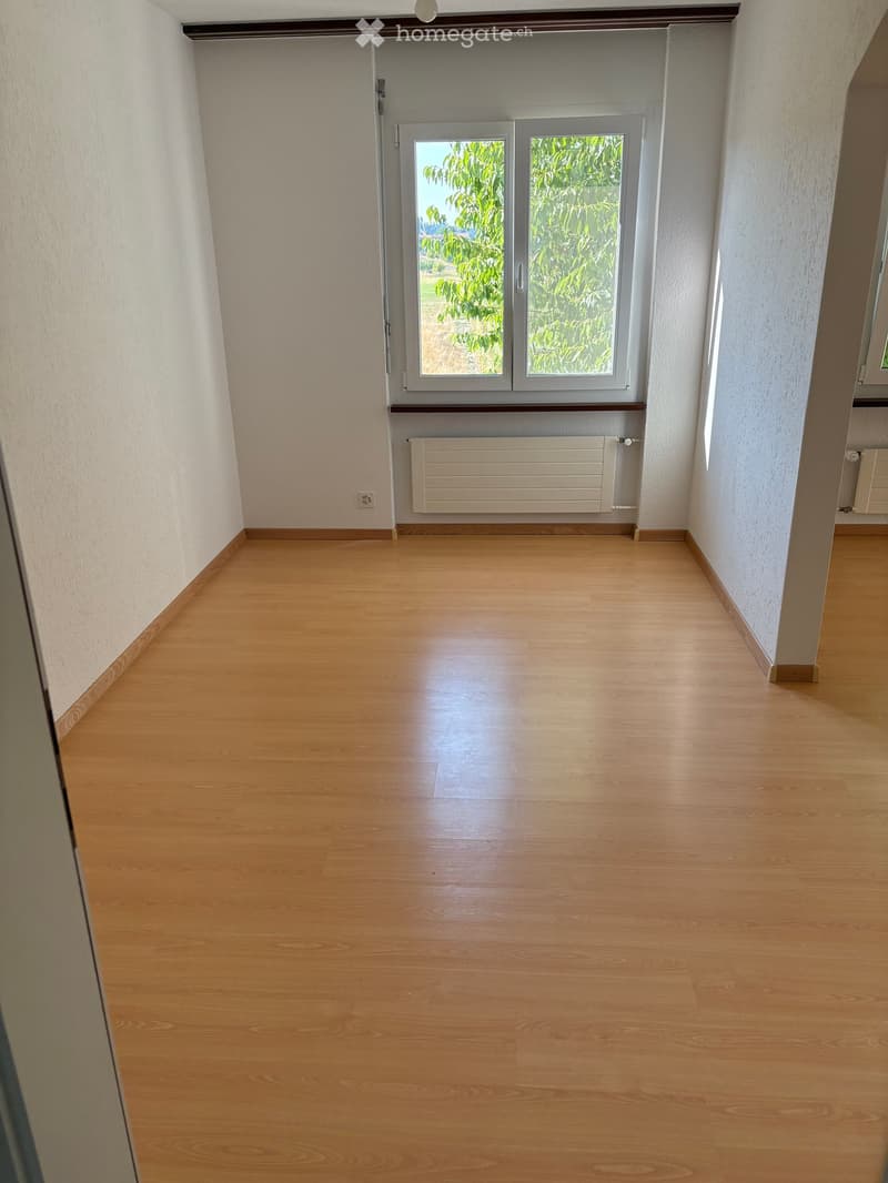 Empty hallway with wooden flooring, white walls, and a window showing greenery outside. A radiator is mounted on the wall below the window.