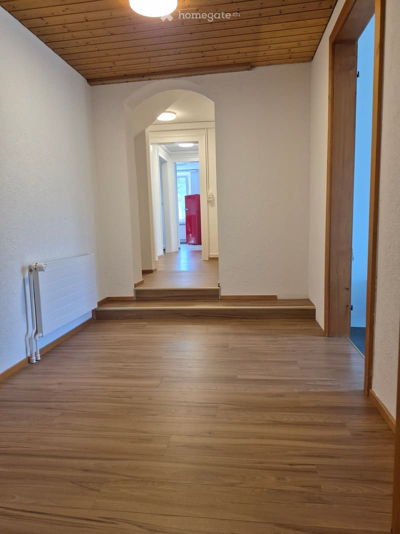 Empty hallway with wooden flooring, white walls, and arched doorways leading to other rooms.
