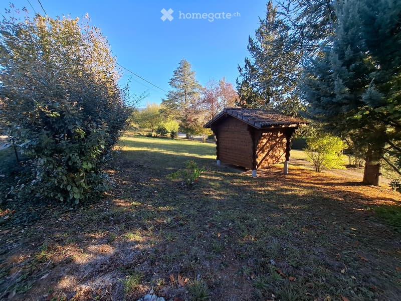A small wooden shed is situated in a grassy yard surrounded by trees and bushes, with a clear blue sky overhead.