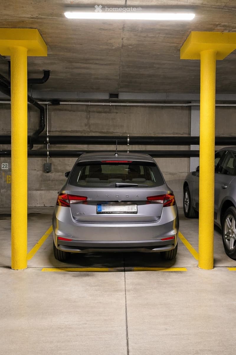 Underground parking area with two cars parked in designated spots, marked by yellow lines and pillars.