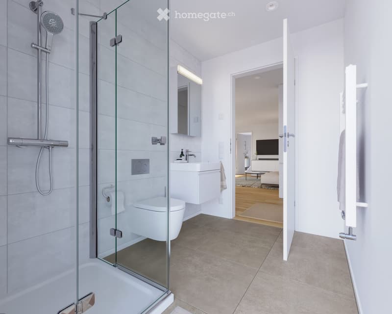 Modern bathroom with a glass-enclosed shower, toilet, sink, and mirror. The space is bright with white tiles and a sleek design, featuring a towel rack and a view into an adjacent living area with a TV and seating.