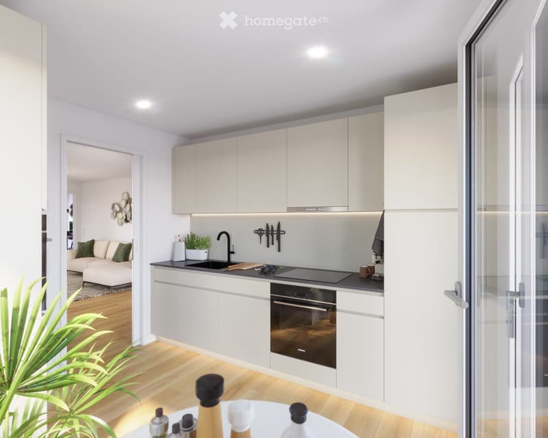 Modern kitchen with white cabinets, black countertop, stainless steel sink, induction cooktop, and built-in oven. A small living area with a sofa and pillows is visible through an open doorway.